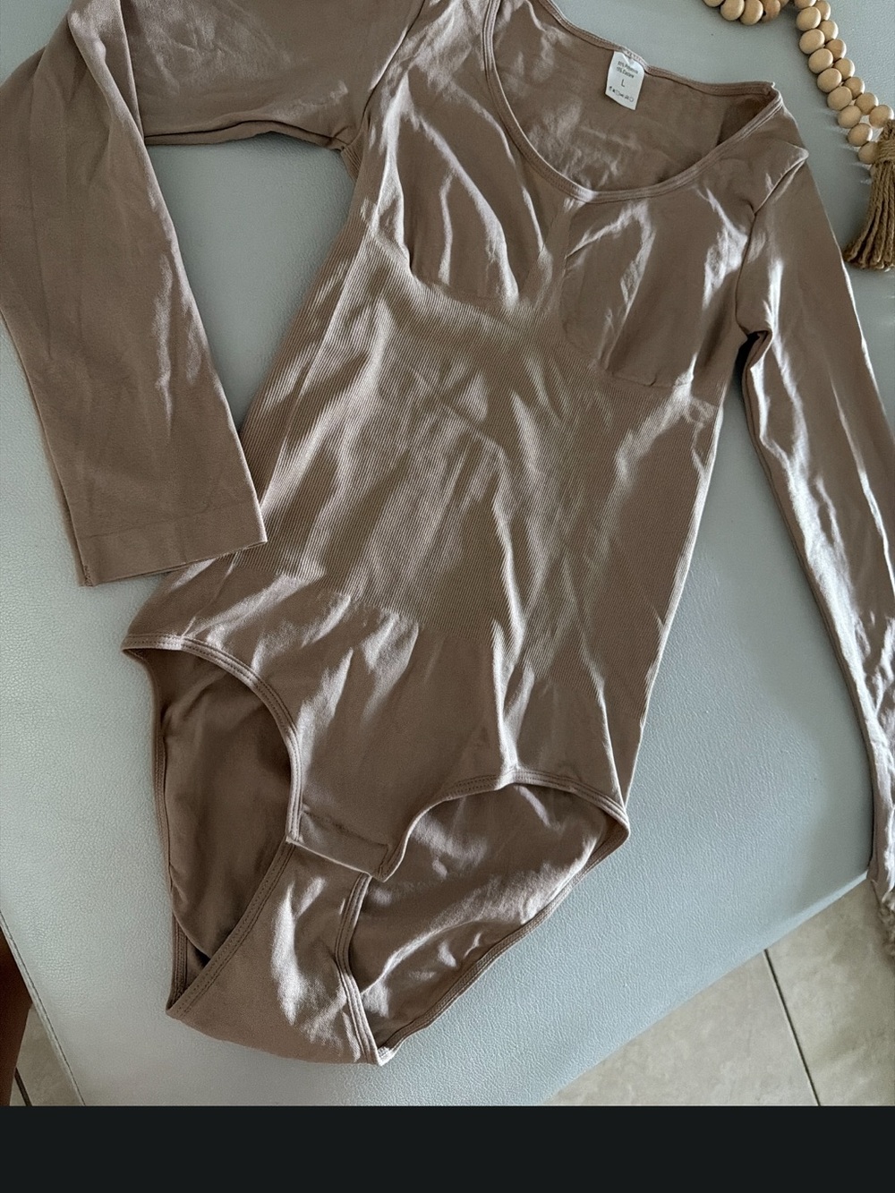 Long Sleeve Scoop-Neck Bodysuit in Taupe